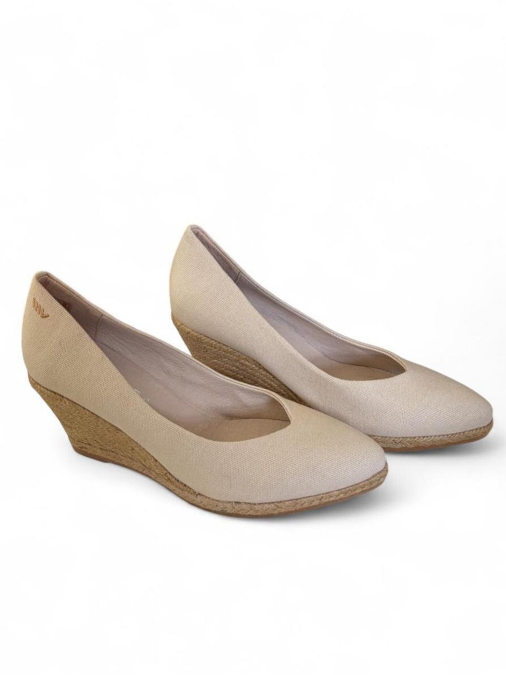 Neutral Beige Canvas Wedge Pumps - Women